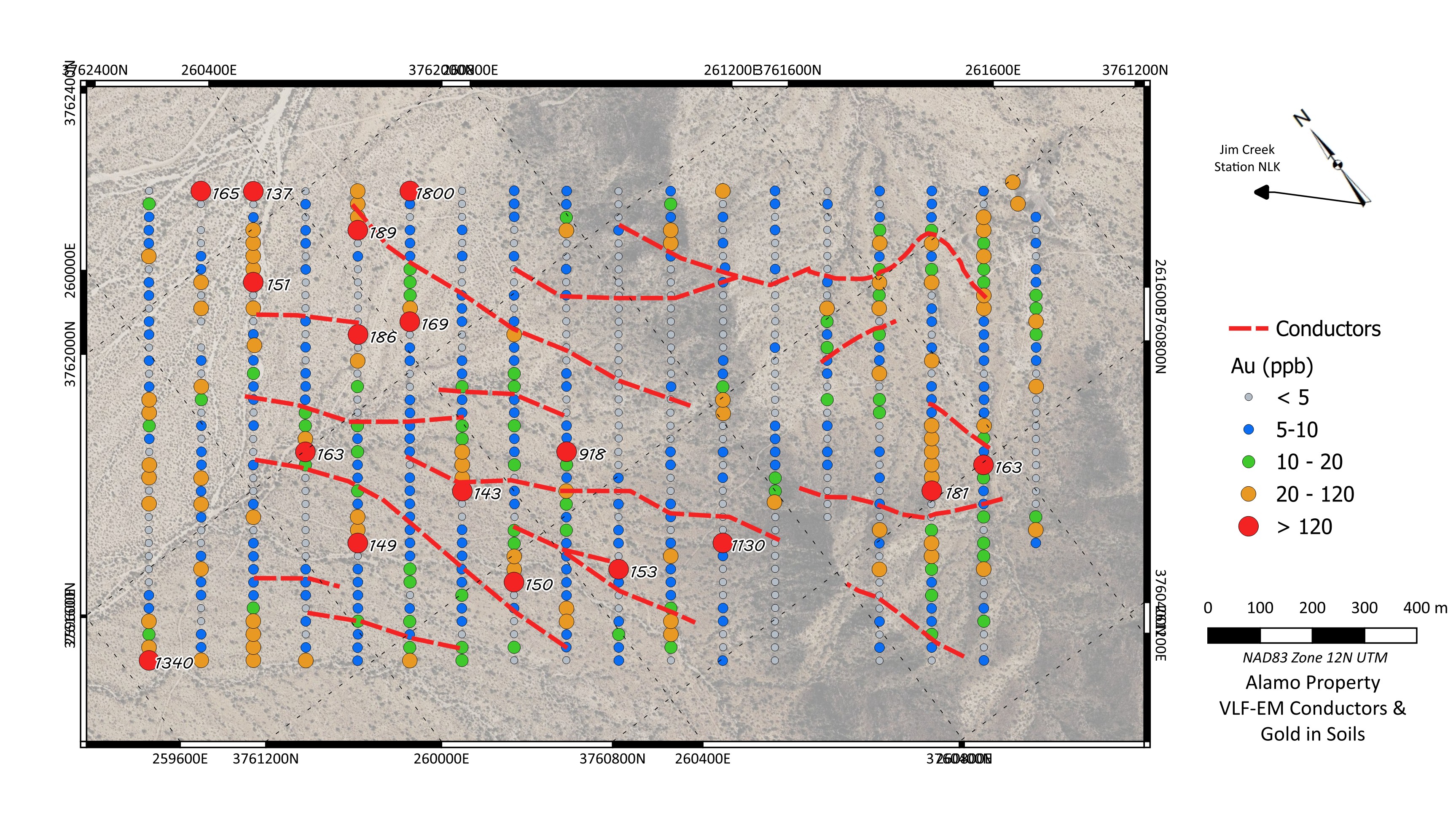Silver Range's Alamo VLF-EM conductor and gold-in-soils survey figure
